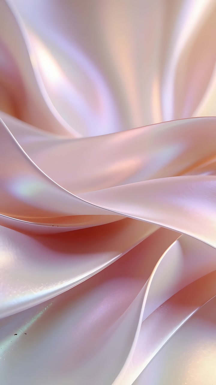 Video verticale: Pieghe di raso lucido che riflettono la luce in un set macro, mostrando un bagliore perlaceo e delle pagliuzze.
