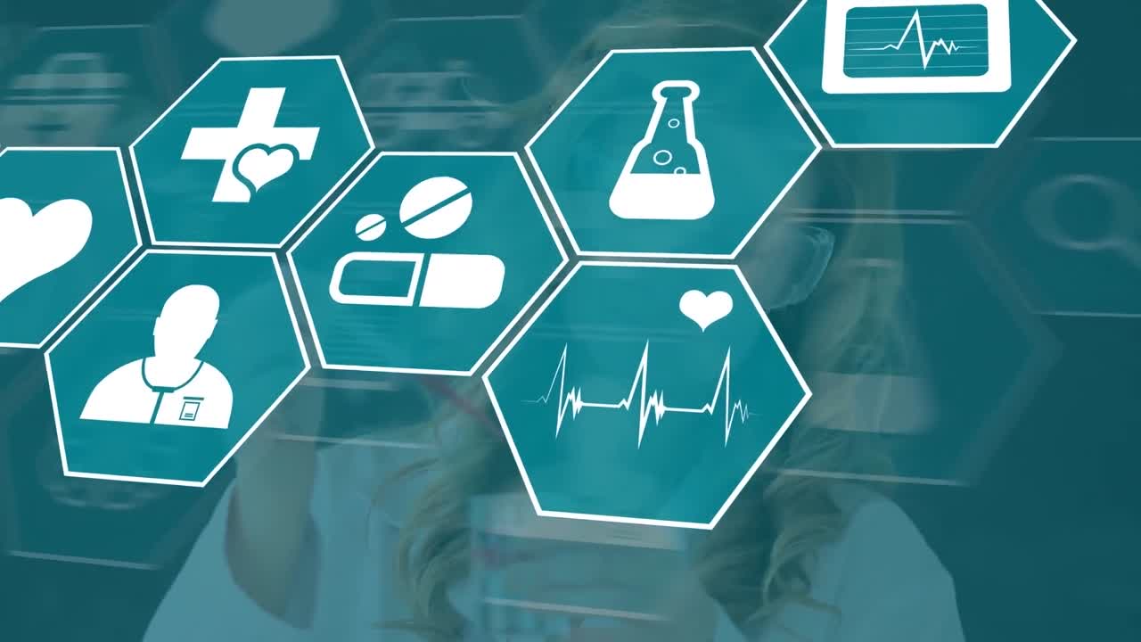 백인 여성 과학자에 대한 의학 아이콘의 애니메이션