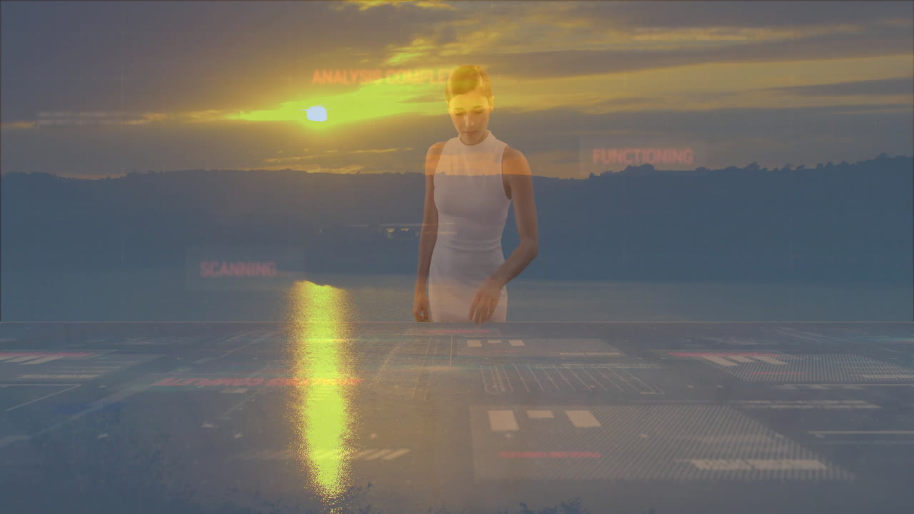 Analyzing digital data overlay, woman in white dress at sunset