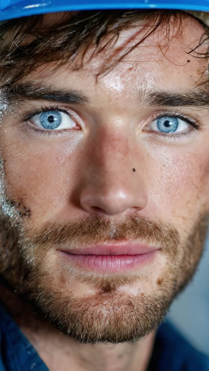 Close-Up of a Determined Young Worker with Striking Blue Eyes and a Dusty Face, Capturing the Essence of Grit and Hard Work in a Rugged Environment