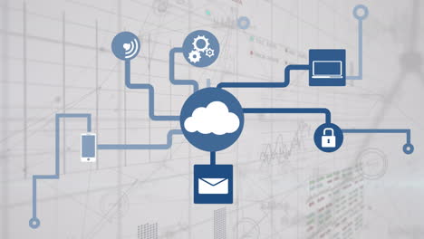 Animation-of-network-of-digital-icons-against-statistical-and-stock-market-data-processing