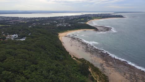 Landschaft-Von-Bateau-Bay-Und-Shelly-Beach-Vom-Crackneck-Aussichtspunkt-Im-Wyrrabalong-Nationalpark-In-NSW,-Australien