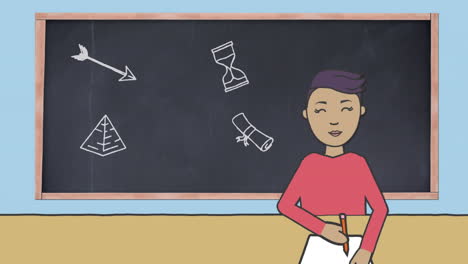 animación de iconos escolares sobre escolares asiáticos