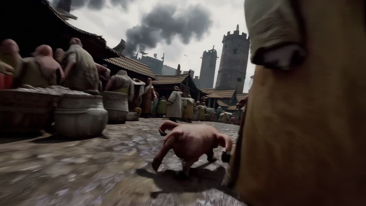 Medieval Town Market Scene with Pig