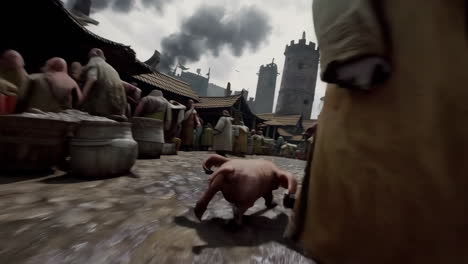 medieval town market scene with pig