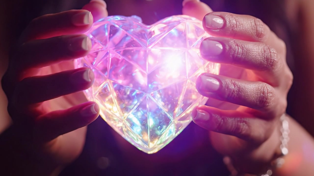 Las Manos de una Persona Acunan un Objeto Luminoso en Forma de Corazón que Brilla Vibrantemente, Irradiando Luces Multicolores y Creando un Ambiente Cautivador en un Entorno Tenuemente Iluminado