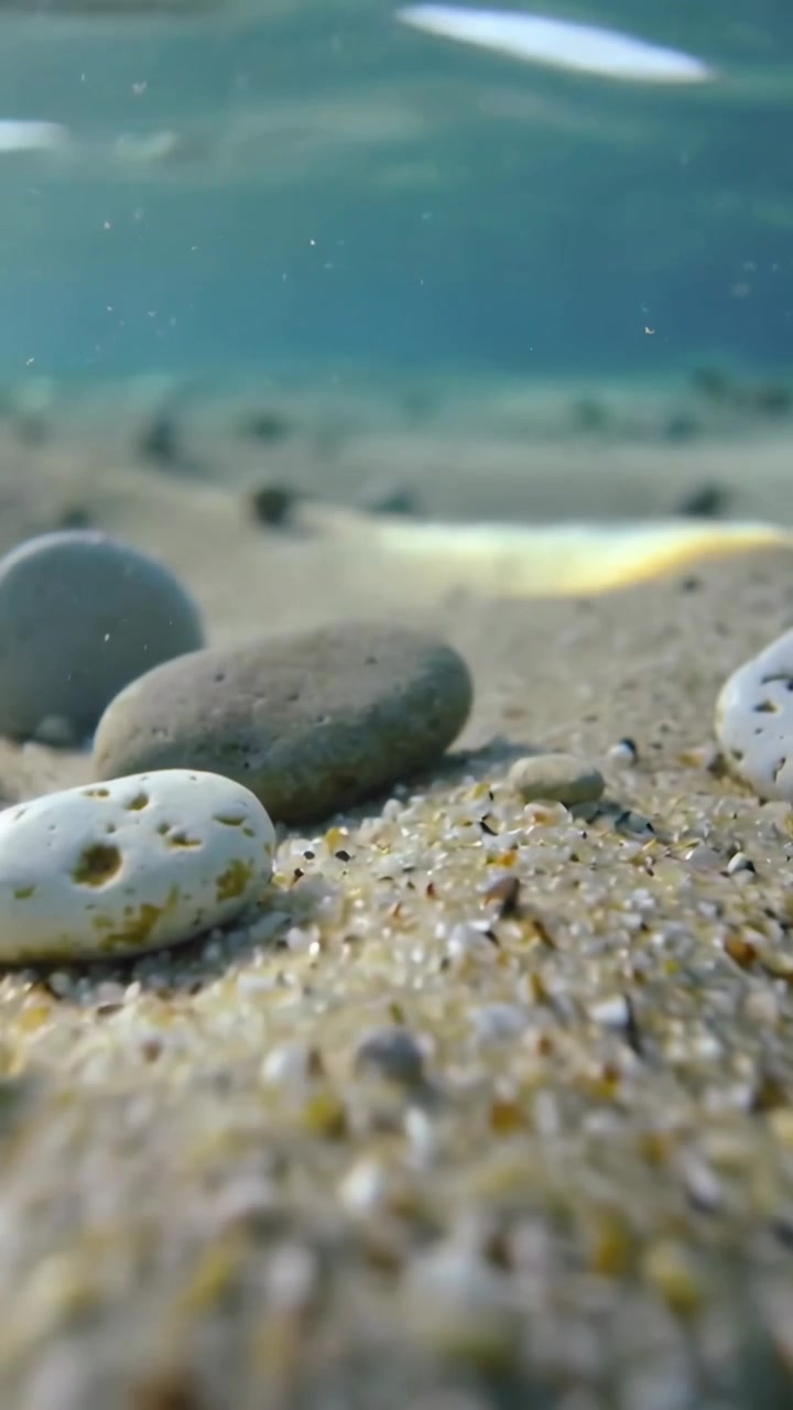 Vertical video: Pulling back camera showing rounded pebbles on seabed revealing sunlit silt