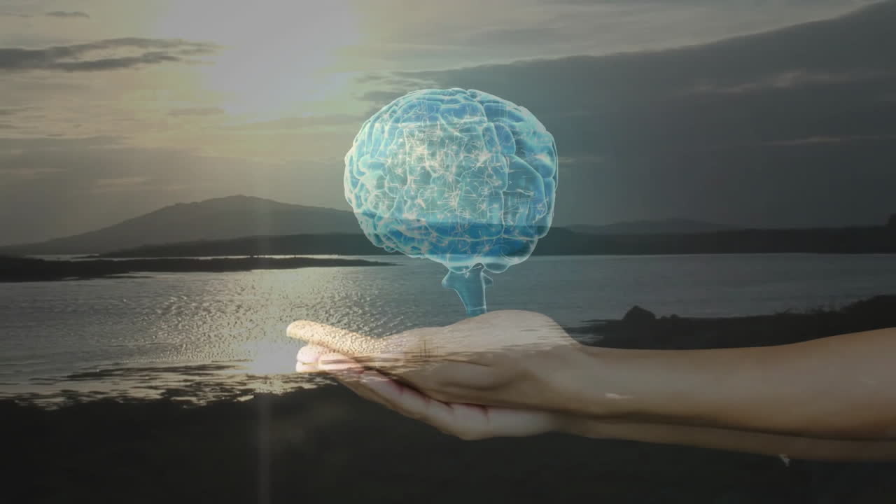 Floating translucent blue 3D render brain hologram above cupped hands over calm lake at sunset