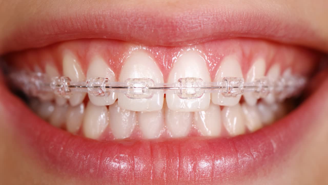 A Close-Up View of Clear Braces on Teeth, Showcasing Improved Alignment and Oral Care Over Time in a Before-and-After Comparison