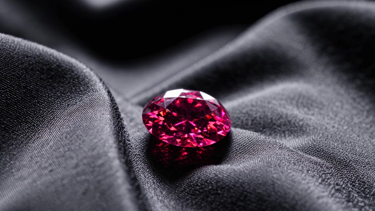 Sparkling Red Gemstone Resting on Elegant Black Silk Fabric