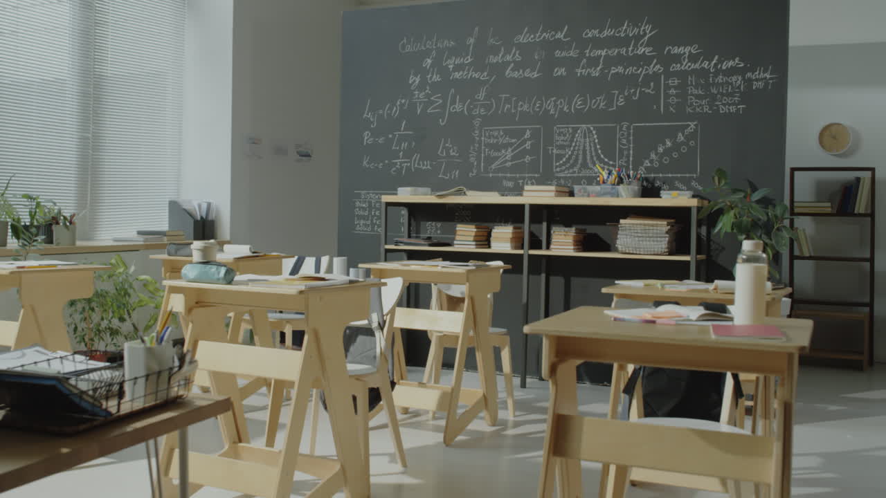 Empty Classroom with Scientific Chalkboard