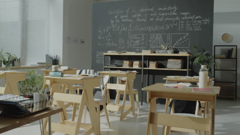 empty classroom with scientific chalkboard