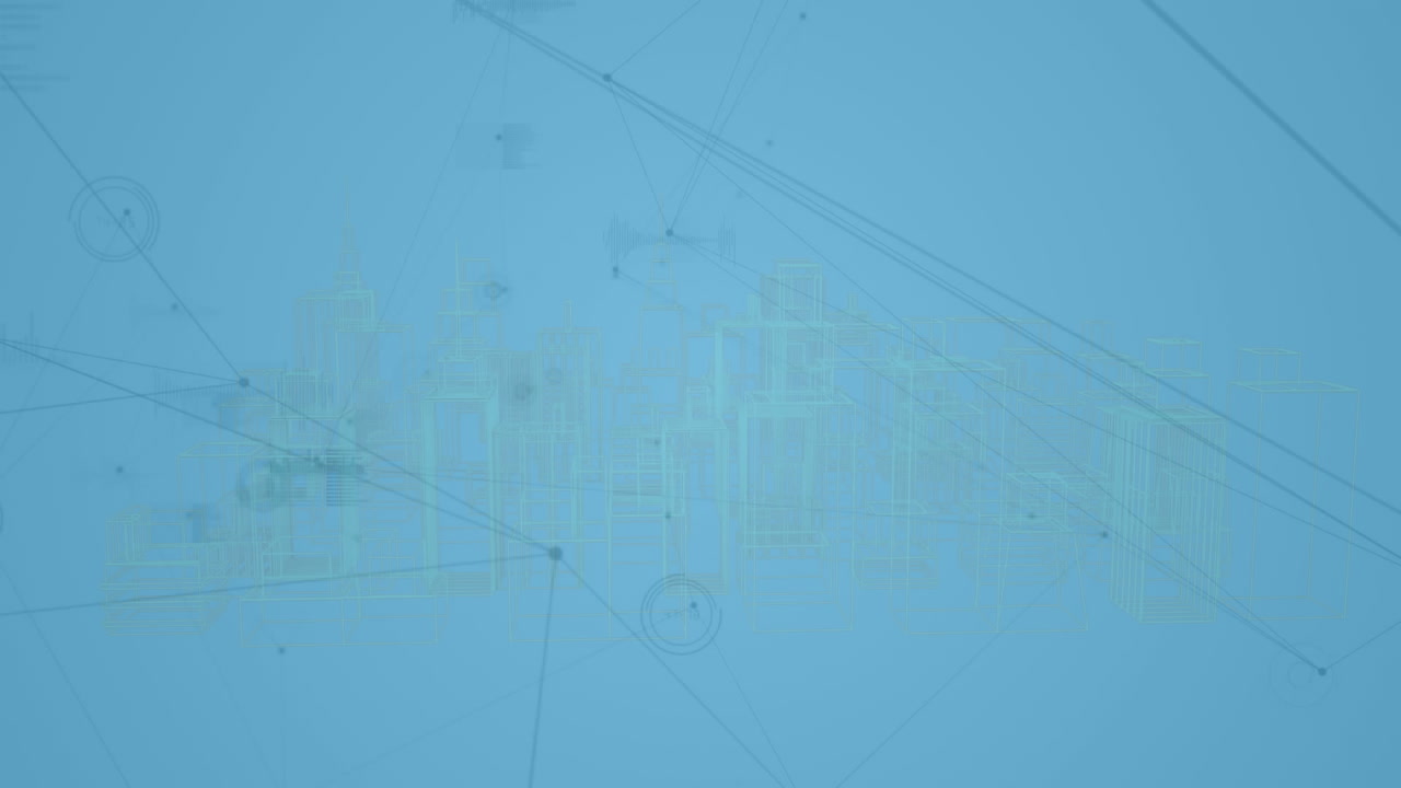 animación de la red de conexiones y procesamiento de datos sobre la ciudad sobre fondo azul