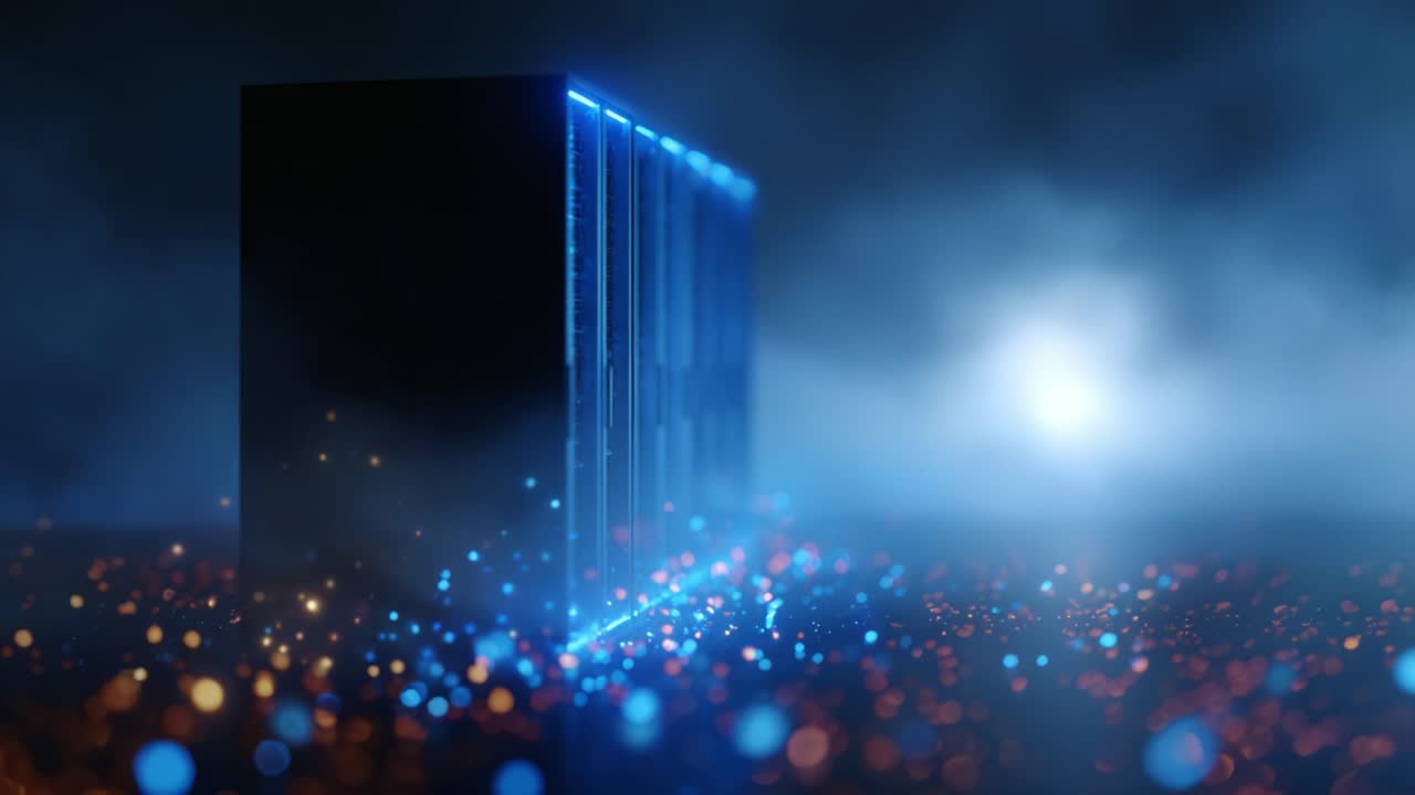 A Glowing Server in a Misty Environment Surrounded by Sparkling Particles, Showcasing Modern Computing Technology and Futuristic Design Aesthetics