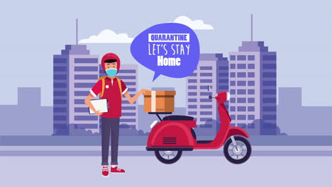 social distancing campaign with motorcyclist delivery worker