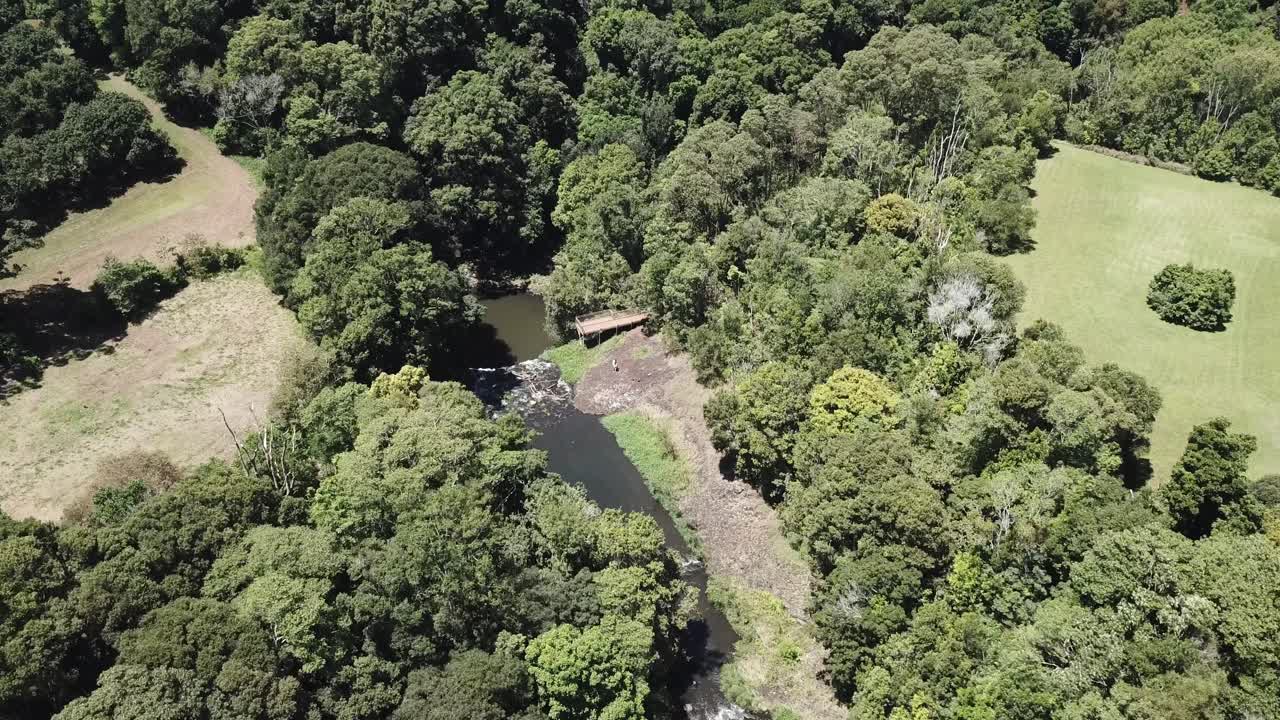 antena de drones sobre una cascada entre la naturaleza con una bandeja para revelar el bosque