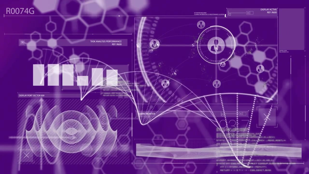 Animation of scope scanning and data processing over businessman handshake