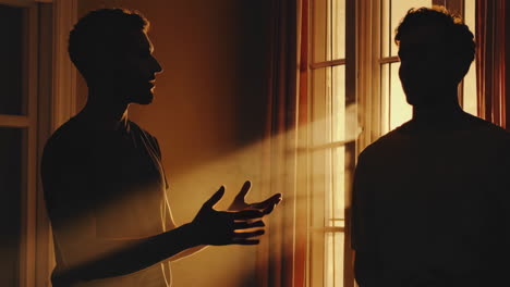 two men in silhouette conversing in a dramatically sunlit room