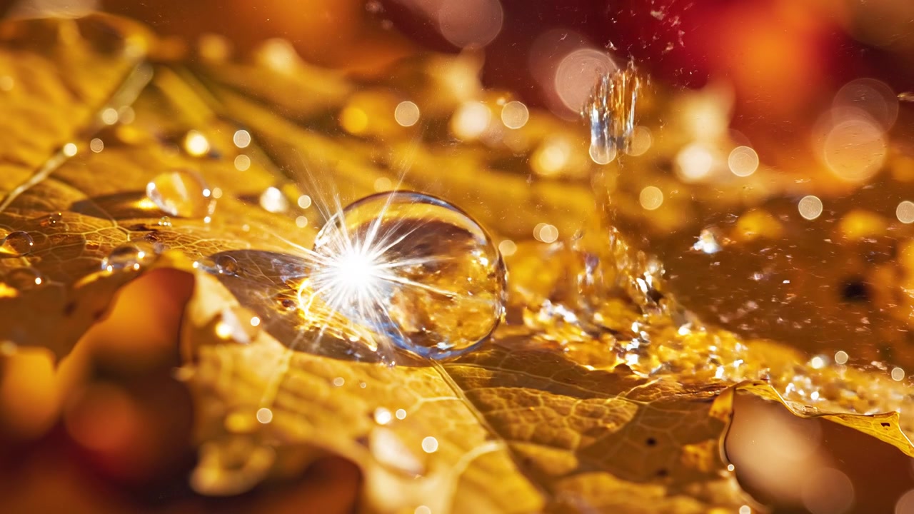 Macro di una goccia d'acqua scintillante su una foglia autunnale dorata