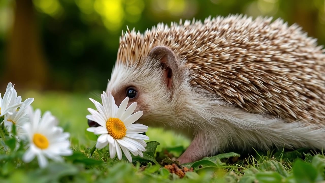 Niedlicher kleiner Igel riecht an weißen Gänseblümchen auf grünem Gras im Sommergarten.