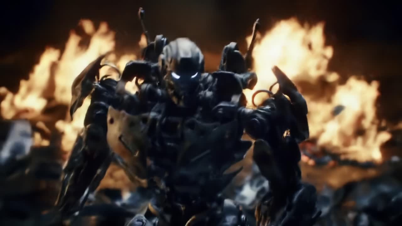 An Intense Robotic Showdown Amidst Flames: Witness the Unstoppable Power of Advanced Machines in Action as They Navigate Through Destruction and Fire