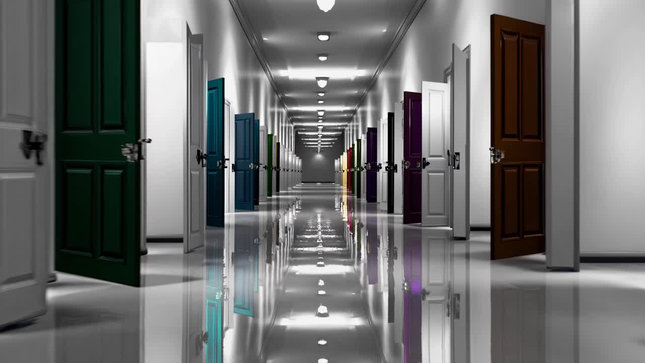A wide-angle shot of a reflective hallway with colorful open doors on both sides