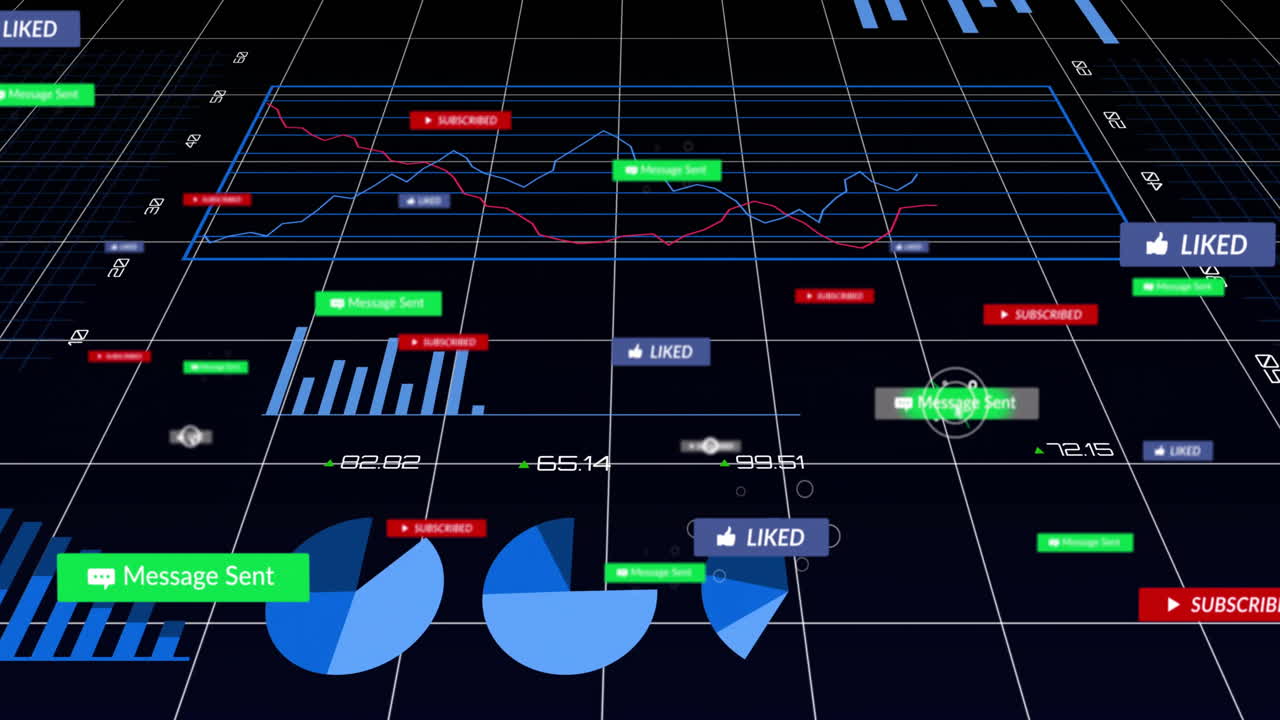 Immersive 3D data analytics dashboard glowing in dark grid, showing line and bar charts with labels
