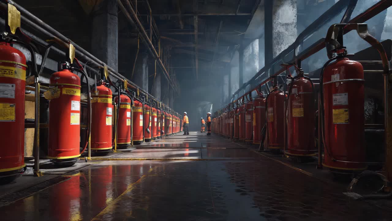 Row of Fire Extinguishers in Industrial Setting