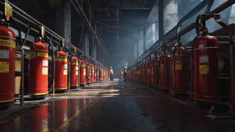 row of fire extinguishers in industrial setting