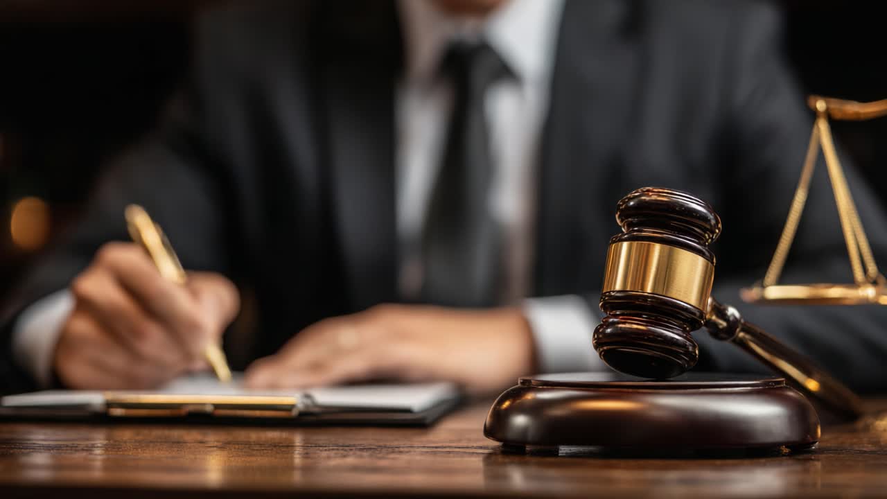 A Legal Professional Engages in Important Documentation, Highlighting the Significance of Justice and Law with Gavel and Scales Present in the Setting