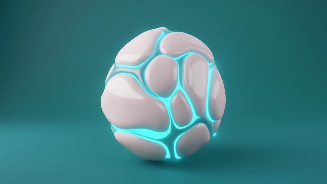Sfera organica astratta con luce blu pulsante che ruota