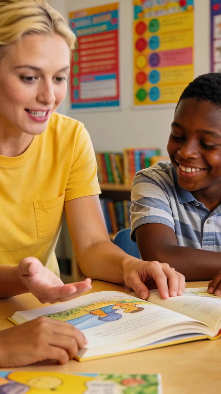 Video verticale: Insegnante con maglia gialla che indica e insegna, guidando un bambino al tavolo scolastico con un libro illustrato.