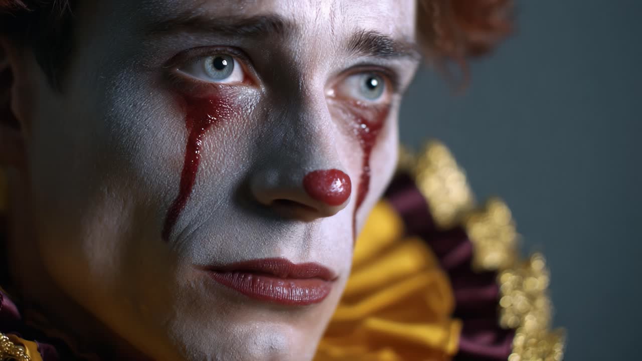 L'emozione coinvolgente di un clown: un momento profondo che mostra l'espressione sentita di un artista catturata in due diverse inquadrature di rimpianto e riflessione