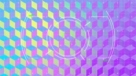 animation of white circular scope rotating, on blue, yellow and purple 2d pattern background