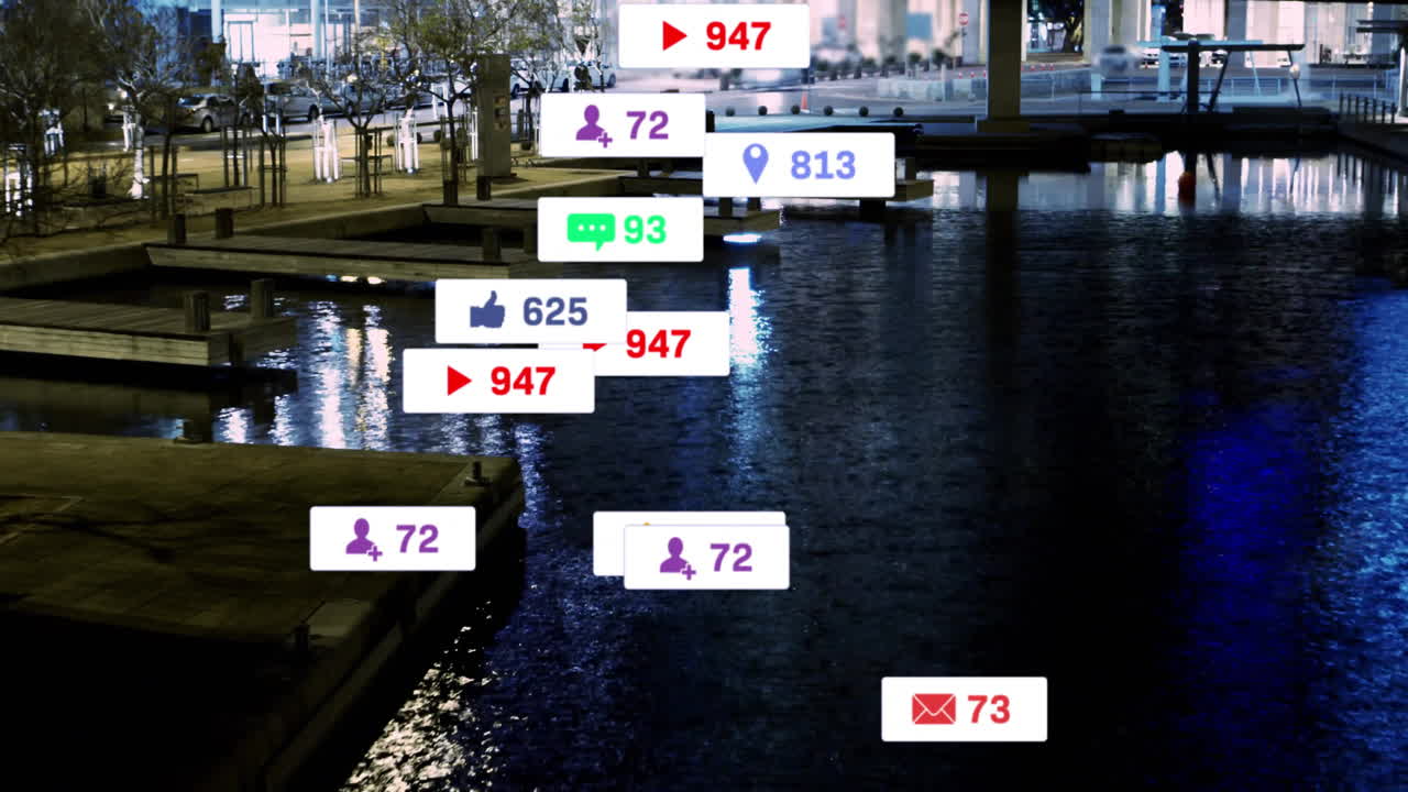Social media notifications animation over cityscape with reflections on water