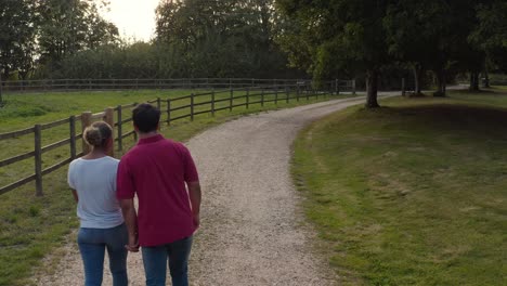 drone rear view of romantic couple walking hand in hand along country lane at sunset