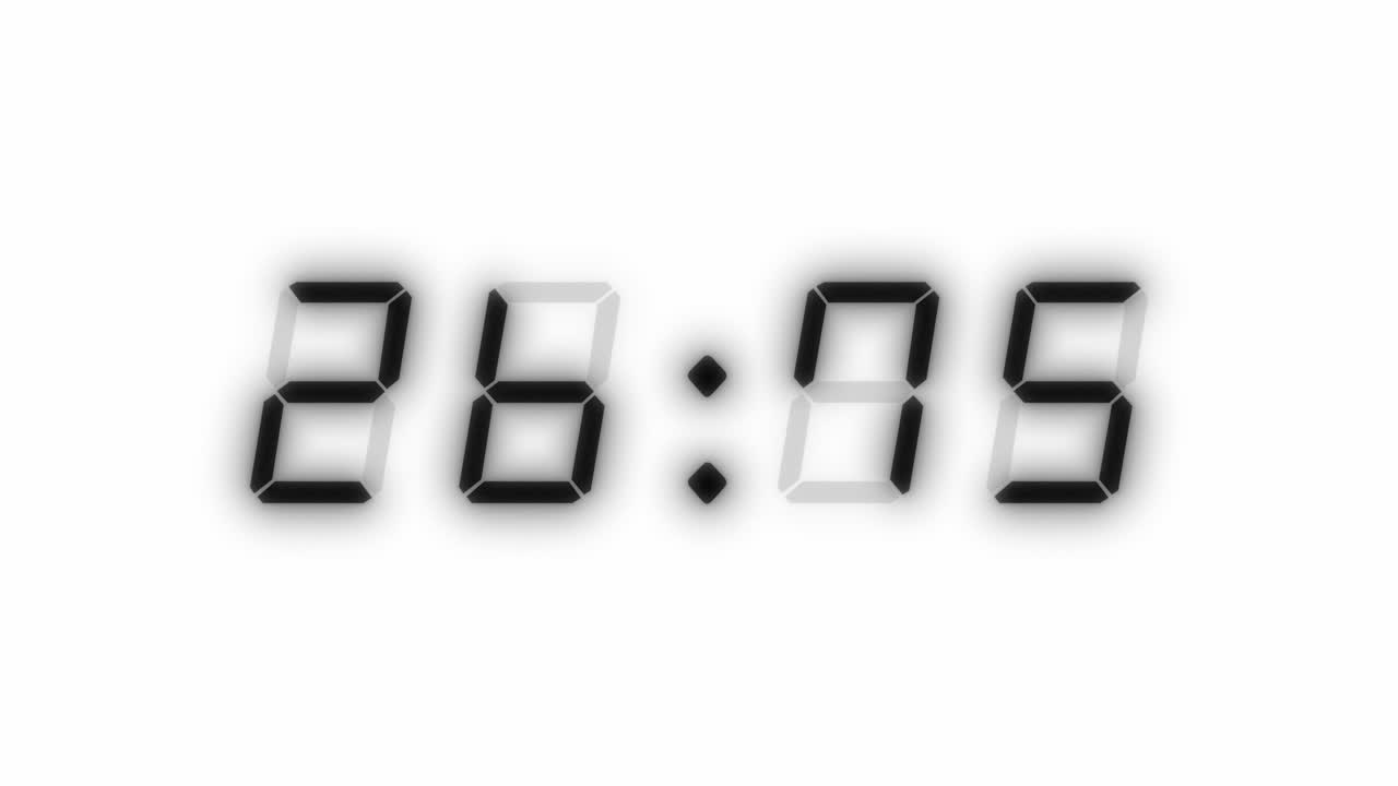 4-digits 30 seconds digital clock countdown timer. Inverted black digits on white color background. Retro digital alarm clock. Cool, digital ink look. Black and white