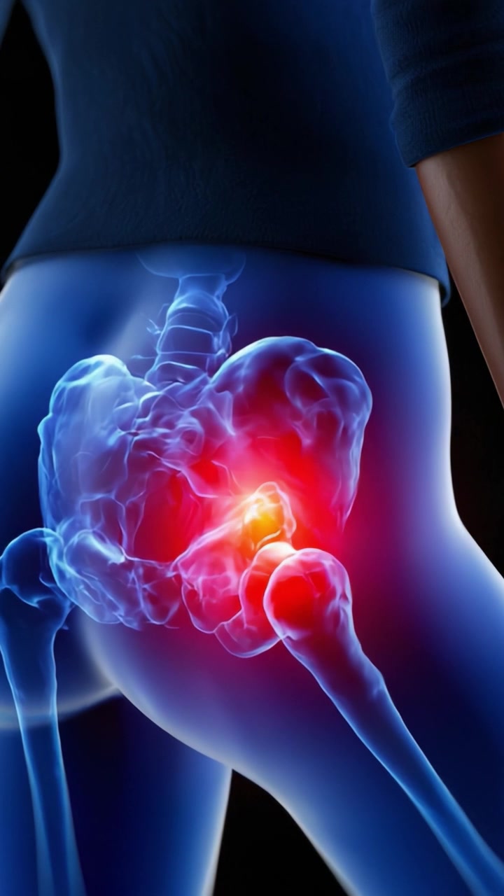 Detailed Visualization of Hip Pain Highlighting the Affected Area in the Pelvic Region with Blue and Red Color Indicators Representing Discomfort