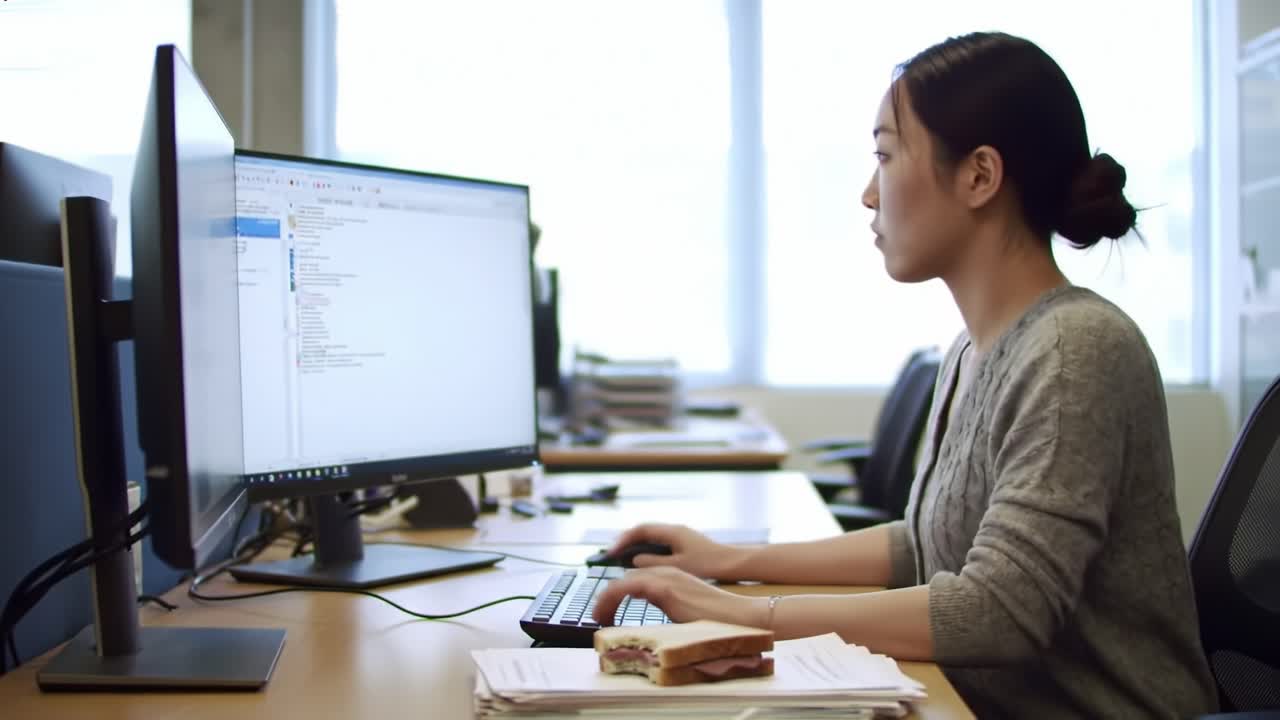 Focused Professional Engaged in Office Tasks While Enjoying a Snack, Capturing a Moment of Work-Life Balance in a Busy Workplace Environment