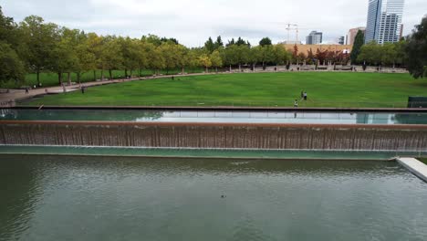 vibrante bellevue parque del centro de la ciudad vuelo aéreo de avión no tripulado captura serena fuente de agua y exuberante vegetación