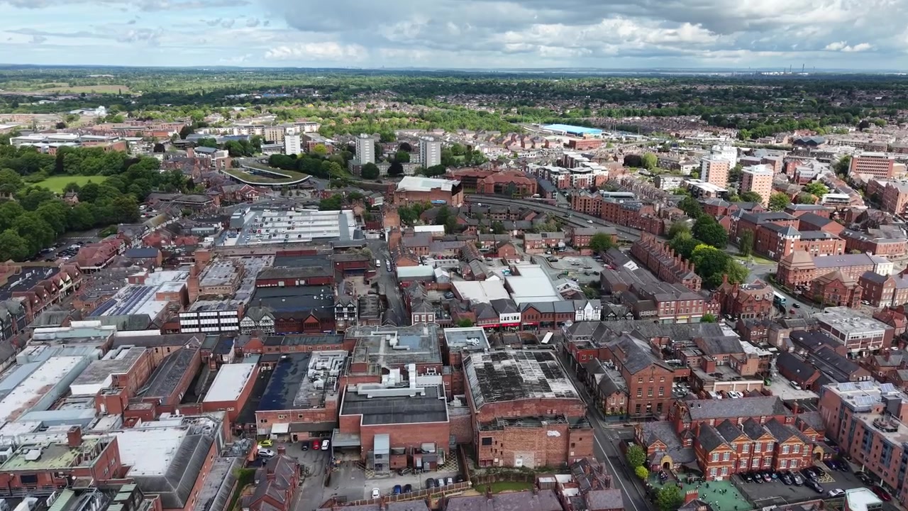 Chester City centre Cheshire UK drone aerial view