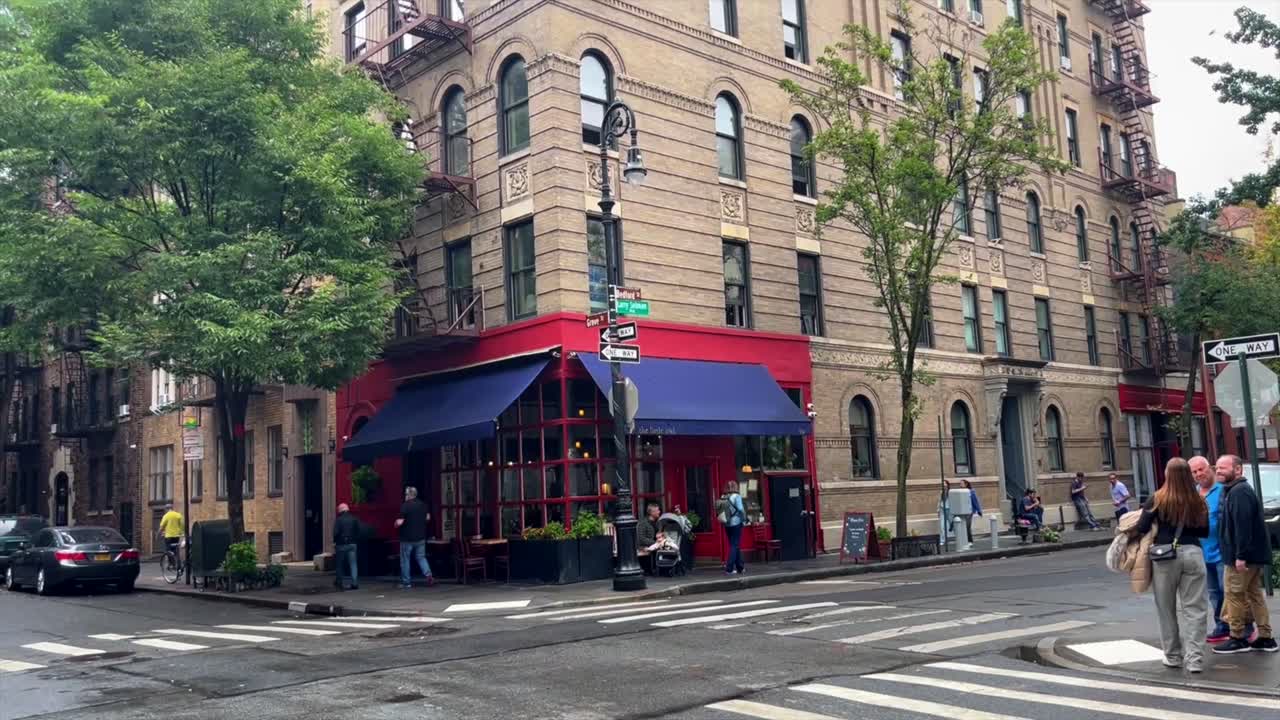 Iconic apartment building from popular television sitcom Friends, exterior view from Greenwich Village in Manhattan