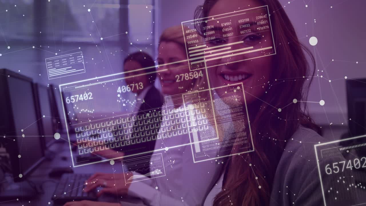 Front woman typing at desk in training, starting HUD animating number readouts over scene smiling