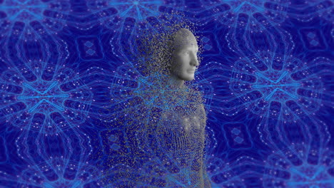 animation of human body formed with exploding particles on blue background