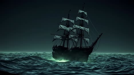 ghostly galleon sailing through dark, choppy waters, illuminated by an eerie green glow beneath a brooding night sky, creating haunting maritime atmosphere