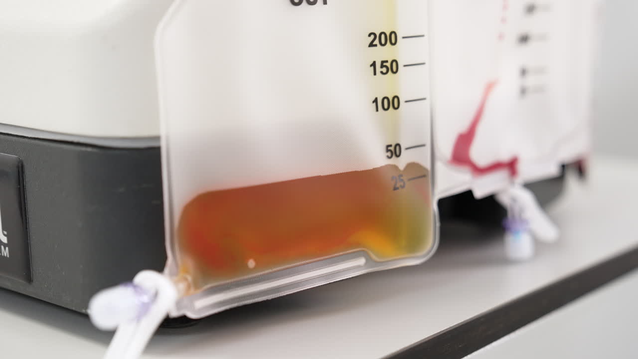 Plasma extracted from blood is filling a plastic bag. Preparation for plasmolifting. Close up.