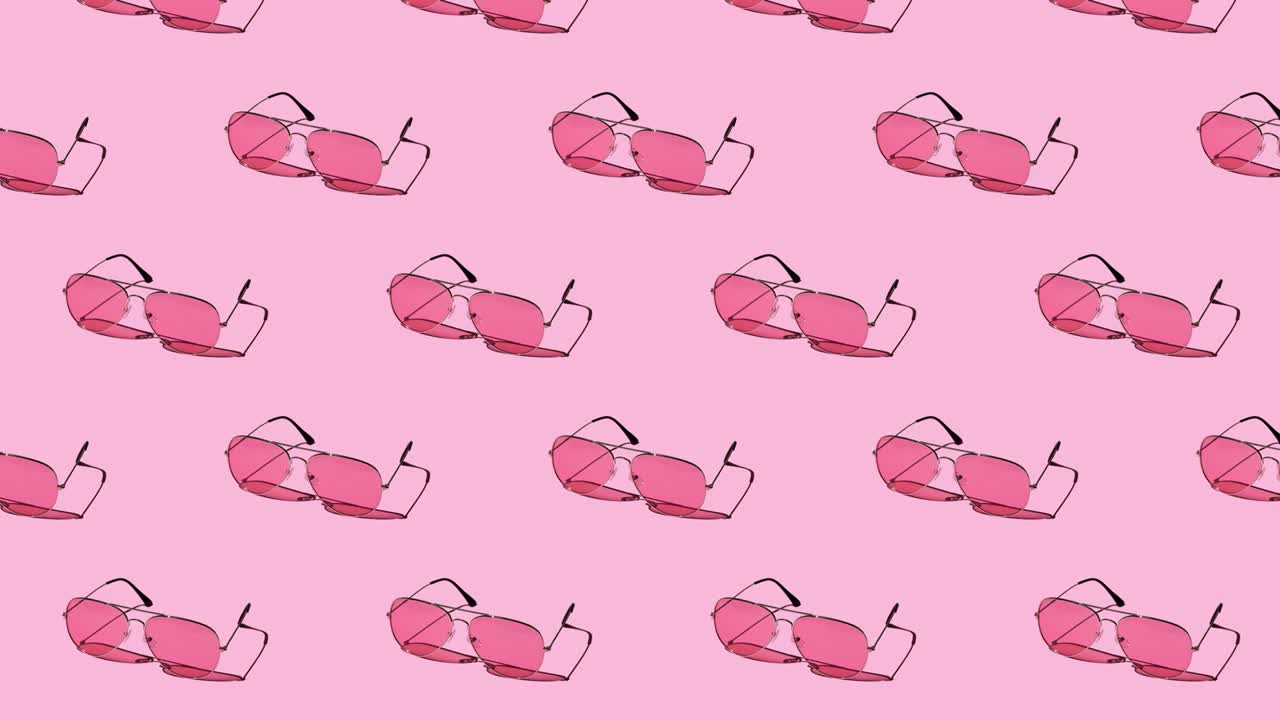 animación de bucle sin fisuras de un patrón con gafas de sol rosas en un fondo brillante. sombras duras del sol al mediodía. concepto de ocio, viajes y entretenimiento con espacio de copia