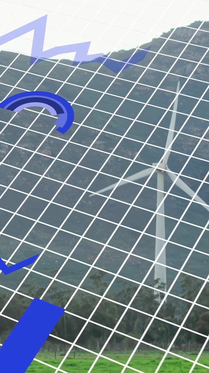 Video verticale: Bit blu che appaiono, avviando una griglia di dati mentre una turbina emerge, con le pale che girano.