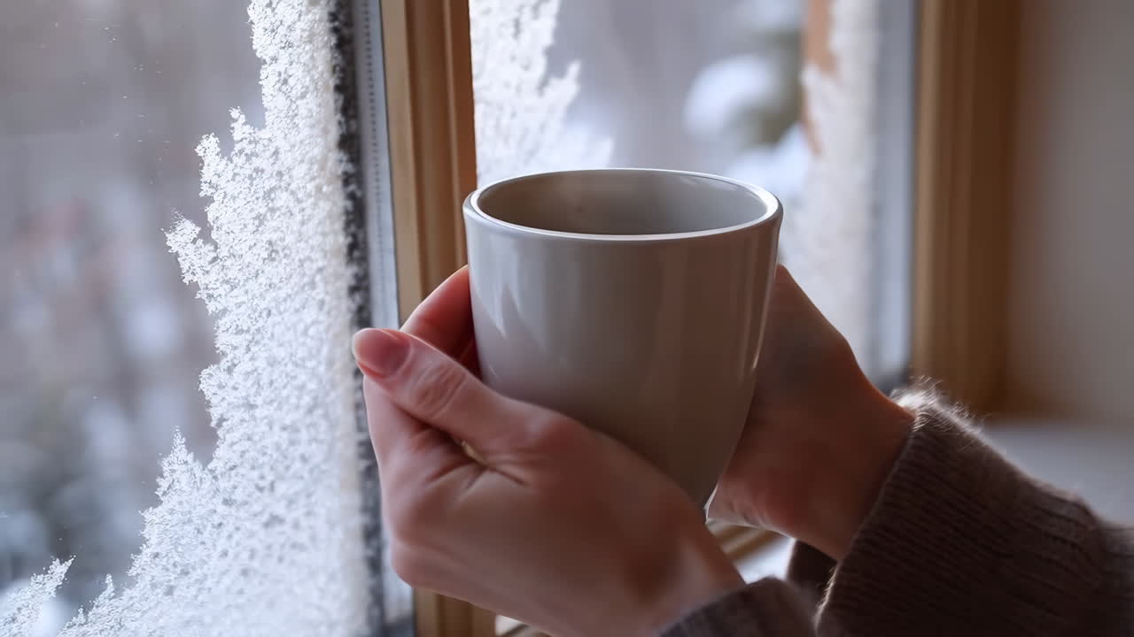 Hands holding a warm mug by a frosty window in winter