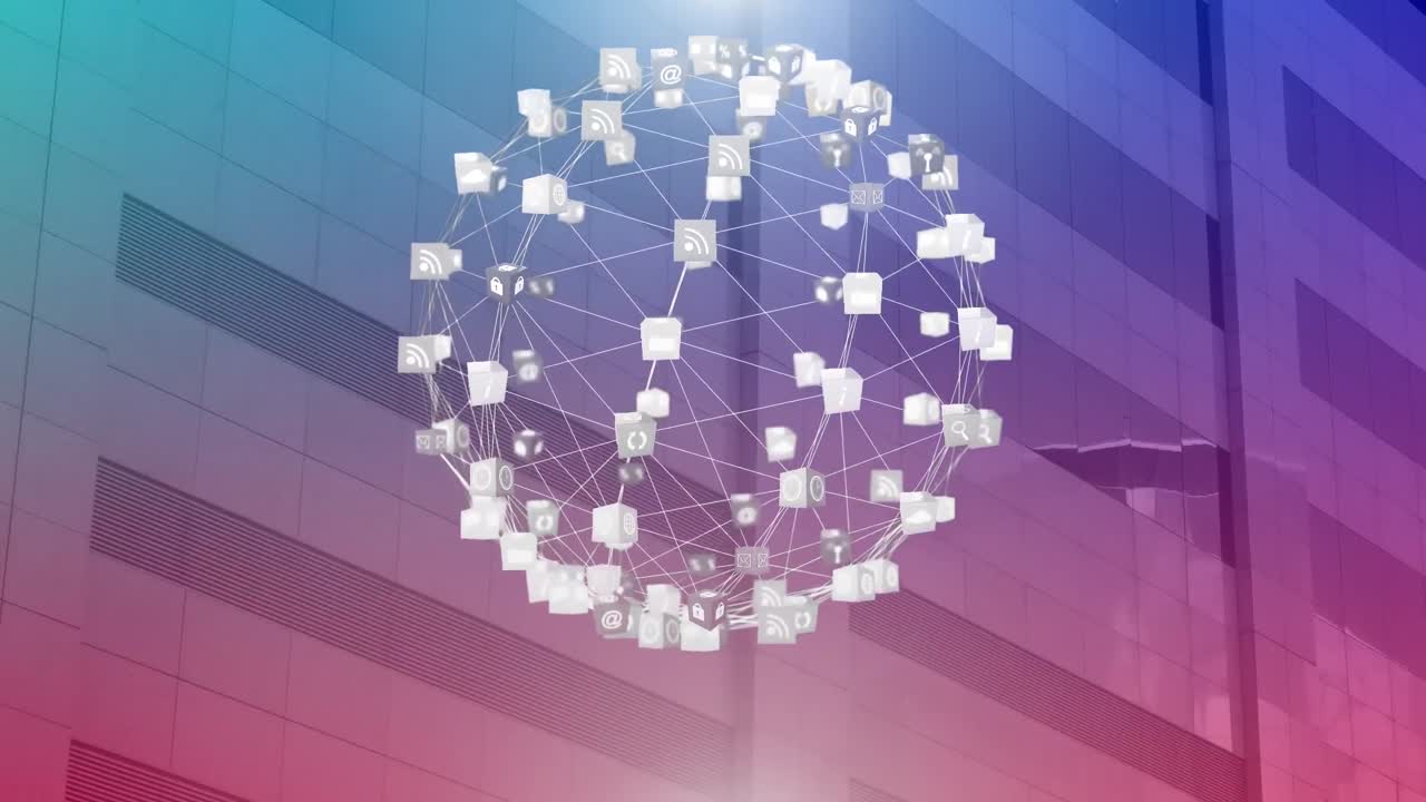 보라색 배경에 현대적인 건물에 대한 연결 네트워크와 함께 지구의 애니메이션